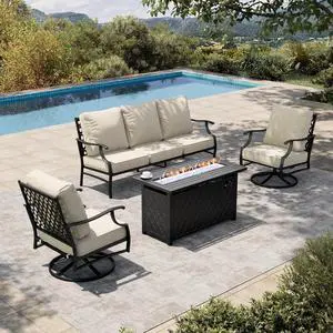 HERA'S HOUSE 4-Piece Metal Steel Outdoor Conversation Set, Fire Pit Table | 5 Seats, Beige, Single chairs could support up to 350lbs, modern or contemporary, casual or relaxed HERA'S HOUSE 4-Piece Metal Steel Outdoor Conversation Set, Fire Pit Table | 5 Seats, Beige, Single chairs could support up to 350lbs, modern or contemporary, casual or relaxed