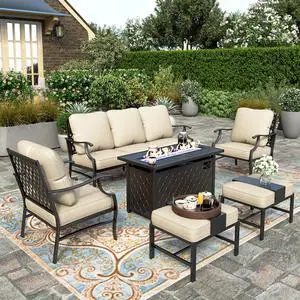 HERA'S HOUSE 6-Piece Metal Steel Outdoor Conversation Set, Fire Pit Table | 7 Seats, Beige, Single chairs could support up to 350lbs HERA'S HOUSE 6-Piece Metal Steel Outdoor Conversation Set, Fire Pit Table | 7 Seats, Beige, Single chairs could support up to 350lbs