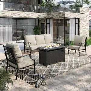 HERA'S HOUSE 4 Pieces Patio Fire Pit Furniture Set, 2 x Single Chair, 3-Seat Sofa with 45" Fire Pit Table, Outdoor Conversation Set for Garden, Poolside, Backyard HERA'S HOUSE 4 Pieces Patio Fire Pit Furniture Set, 2 x Single Chair, 3-Seat Sofa with 45" Fire Pit Table, Outdoor Conversation Set for Garden, Poolside, Backyard