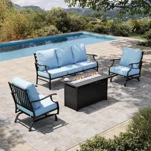 HERA'S HOUSE 4-Piece Metal Steel Outdoor Conversation Set, Fire Pit Table | 5 Seats, Blue, Rocking chair, Single chairs could support up to 350lbs HERA'S HOUSE 4-Piece Metal Steel Outdoor Conversation Set, Fire Pit Table | 5 Seats, Blue, Rocking chair, Single chairs could support up to 350lbs