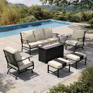 HERA'S HOUSE 6-Piece Metal Steel Outdoor Conversation Set, Fire Pit Table | 7 Seats, Beige, Rocking chair, Single chairs could support up to 350lbs HERA'S HOUSE 6-Piece Metal Steel Outdoor Conversation Set, Fire Pit Table | 7 Seats, Beige, Rocking chair, Single chairs could support up to 350lbs
