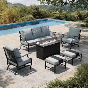 HERA'S HOUSE 6-Piece Metal Steel Outdoor Conversation Set, Fire Pit Table | 7 Seats, Gray, Rocking chair, Single chairs could support up to 350lbs HERA'S HOUSE 6-Piece Metal Steel Outdoor Conversation Set, Fire Pit Table | 7 Seats, Gray, Rocking chair, Single chairs could support up to 350lbs