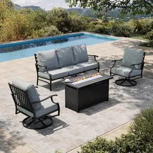 HERA'S HOUSE 4-Piece Metal Steel Outdoor Conversation Set, Fire Pit Table | 5 Seats, Gray, Single chairs could support up to 350lbs HERA'S HOUSE 4-Piece Metal Steel Outdoor Conversation Set, Fire Pit Table | 5 Seats, Gray, Single chairs could support up to 350lbs
