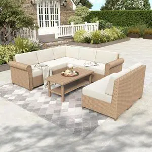 HERA'S HOUSE Patio Furniture Set, All Weather 7 Seats Outdoor Sectional Wicker Sofa with 44" Coffee Table, 5.5" Thick Waterproof Cushion 8 Pieces Modular Conversation Sofa Set for Garden Deck Backyard HERA'S HOUSE Patio Furniture Set, All Weather 7 Seats Outdoor Sectional Wicker Sofa with 44" Coffee Table, 5.5" Thick Waterproof Cushion 8 Pieces Modular Conversation Sofa Set for Garden Deck Backyard