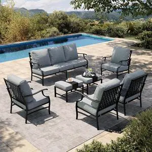 HERA'S HOUSE 7-Piece Metal Patio Conversation Set, 9-Seat, Modular Design | Grey, 2 Ottomans, 1 3-Seat Sofa, Ottomans, All-Weather, For Garden, Deck, Backyard HERA'S HOUSE 7-Piece Metal Patio Conversation Set, 9-Seat, Modular Design | Grey, 2 Ottomans, 1 3-Seat Sofa, Ottomans, All-Weather, For Garden, Deck, Backyard