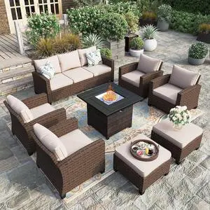 HERA'S HOUSE Outdoor Sectional with Fie Pit Table, Patio Furniture Conversation Sets, 8 Pieces Wicker Rattan Sofa Set HERA'S HOUSE Outdoor Sectional with Fie Pit Table, Patio Furniture Conversation Sets, 8 Pieces Wicker Rattan Sofa Set