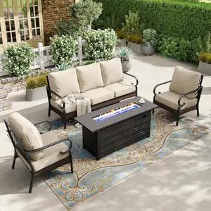 HERA'S HOUSE 4-Piece Metal Outdoor Conversation Set, 56 in Fire Pit Table | 5 Seats, Black/beige, Single chairs could support up to 350lbs HERA'S HOUSE 4-Piece Metal Outdoor Conversation Set, 56 in Fire Pit Table | 5 Seats, Black/beige, Single chairs could support up to 350lbs