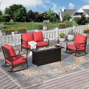 HERA'S HOUSE 4-Piece Steel Wrought Iron Outdoor Conversation Set, 4 Seats | 56 in Fire Pit Table, Black/red, Single chairs could support up to 350lbs HERA'S HOUSE 4-Piece Steel Wrought Iron Outdoor Conversation Set, 4 Seats | 56 in Fire Pit Table, Black/red, Single chairs could support up to 350lbs