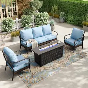 HERA'S HOUSE 4-Piece Metal Outdoor Conversation Set, 56 in Fire Pit Table | 5 Seats, Black/blue, Single chairs could support up to 350lbs HERA'S HOUSE 4-Piece Metal Outdoor Conversation Set, 56 in Fire Pit Table | 5 Seats, Black/blue, Single chairs could support up to 350lbs