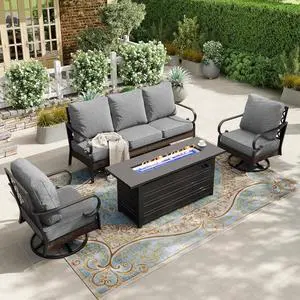 HERA'S HOUSE 4-Piece Steel Wrought Iron Outdoor Conversation Set, 5 Seats | 56 in Fire Pit Table, Black/gray, Single chairs could support up to 350lbs HERA'S HOUSE 4-Piece Steel Wrought Iron Outdoor Conversation Set, 5 Seats | 56 in Fire Pit Table, Black/gray, Single chairs could support up to 350lbs