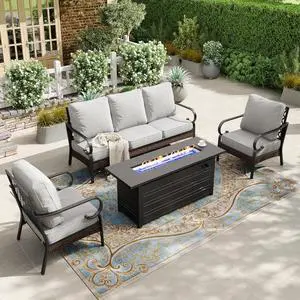 HERA'S HOUSE 4-Piece Metal Outdoor Conversation Set, 56 in Fire Pit Table | 5 Seats, Black/Light Gray, Single chairs could support up to 350lbs HERA'S HOUSE 4-Piece Metal Outdoor Conversation Set, 56 in Fire Pit Table | 5 Seats, Black/Light Gray, Single chairs could support up to 350lbs