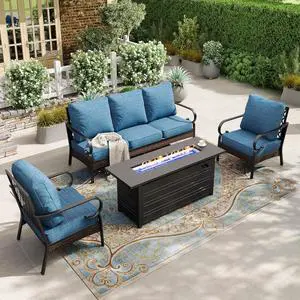 HERA'S HOUSE 4-Piece Metal Outdoor Conversation Set, 56 in Fire Pit Table | 5 Seats, Black/Pacific Blue, Single chairs could support up to 350lbs HERA'S HOUSE 4-Piece Metal Outdoor Conversation Set, 56 in Fire Pit Table | 5 Seats, Black/Pacific Blue, Single chairs could support up to 350lbs