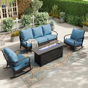 HERA'S HOUSE 4-Piece Steel Wrought Iron Outdoor Conversation Set, 5 Seats | 56 in Fire Pit Table, Black/Navy Blue, Single chairs could support up to 350lbs HERA'S HOUSE 4-Piece Steel Wrought Iron Outdoor Conversation Set, 5 Seats | 56 in Fire Pit Table, Black/Navy Blue, Single chairs could support up to 350lbs
