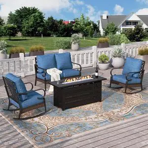 HERA'S HOUSE 4-Piece Steel Wrought Iron Outdoor Conversation Set, 4 Seats | 56 in Fire Pit Table, Black/Pacific Blue, Single chairs could support up to 350lbs HERA'S HOUSE 4-Piece Steel Wrought Iron Outdoor Conversation Set, 4 Seats | 56 in Fire Pit Table, Black/Pacific Blue, Single chairs could support up to 350lbs