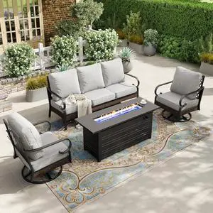 HERA'S HOUSE 4-Piece Steel Wrought Iron Outdoor Conversation Set, 5 Seats | 56 in Fire Pit Table, Black/Light Gray, Single chairs could support up to 350lbs HERA'S HOUSE 4-Piece Steel Wrought Iron Outdoor Conversation Set, 5 Seats | 56 in Fire Pit Table, Black/Light Gray, Single chairs could support up to 350lbs