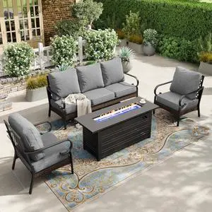 HERA'S HOUSE 4-Piece Metal Outdoor Conversation Set, 56 in Fire Pit Table | 5 Seats, Black/gray, Single chairs could support up to 350lbs HERA'S HOUSE 4-Piece Metal Outdoor Conversation Set, 56 in Fire Pit Table | 5 Seats, Black/gray, Single chairs could support up to 350lbs
