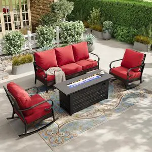 HERA'S HOUSE 4-Piece Steel Wrought Iron Outdoor Conversation Set, 5 Seats | 56 in Fire Pit Table, Black/red, Single chairs could support up to 350lbs HERA'S HOUSE 4-Piece Steel Wrought Iron Outdoor Conversation Set, 5 Seats | 56 in Fire Pit Table, Black/red, Single chairs could support up to 350lbs