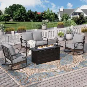 HERA'S HOUSE 4-Piece Steel Wrought Iron Outdoor Conversation Set, 4 Seats | 56 in Fire Pit Table, Black/Gray, Single chairs could support up to 350lbs HERA'S HOUSE 4-Piece Steel Wrought Iron Outdoor Conversation Set, 4 Seats | 56 in Fire Pit Table, Black/Gray, Single chairs could support up to 350lbs