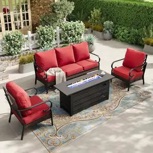 HERA'S HOUSE 4-Piece Metal Outdoor Conversation Set, 56 in Fire Pit Table | 5 Seats, Black/red, Single chairs could support up to 350lbs HERA'S HOUSE 4-Piece Metal Outdoor Conversation Set, 56 in Fire Pit Table | 5 Seats, Black/red, Single chairs could support up to 350lbs