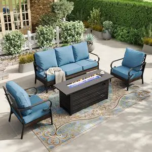 HERA'S HOUSE 4-Piece Metal Outdoor Conversation Set, 56 in Fire Pit Table | 5 Seats, Black/Navy Blue, Single chairs could support up to 350lbs HERA'S HOUSE 4-Piece Metal Outdoor Conversation Set, 56 in Fire Pit Table | 5 Seats, Black/Navy Blue, Single chairs could support up to 350lbs