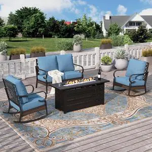 HERA'S HOUSE 4-Piece Steel Wrought Iron Outdoor Conversation Set, 4 Seats | 56 in Fire Pit Table, Black/Navy Blue, Single chairs could support up to 350lbs HERA'S HOUSE 4-Piece Steel Wrought Iron Outdoor Conversation Set, 4 Seats | 56 in Fire Pit Table, Black/Navy Blue, Single chairs could support up to 350lbs