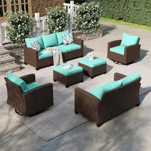 HERA'S HOUSE Patio Conversation Sets with Swivel Glide Chairs, Outdoor Wicker Furniture Outside Sofa Sets with 4" Thick Cushions for Backyard Deck Porch,Blue HERA'S HOUSE Patio Conversation Sets with Swivel Glide Chairs, Outdoor Wicker Furniture Outside Sofa Sets with 4" Thick Cushions for Backyard Deck Porch,Blue