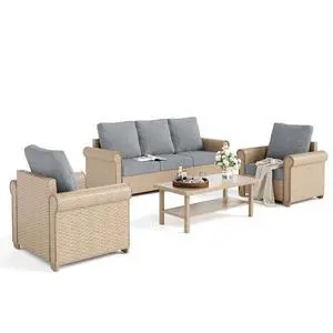 HERA'S HOUSE 4-Piece Patio Furniture Set, All Weather 5 Seats Outdoor Wicker Sofa with 44" Coffee Table, 5.5" Thick Waterproof Cushion Conversation Couch Set for Garden Deck Backyard, Grey HERA'S HOUSE 4-Piece Patio Furniture Set, All Weather 5 Seats Outdoor Wicker Sofa with 44" Coffee Table, 5.5" Thick Waterproof Cushion Conversation Couch Set for Garden Deck Backyard, Grey