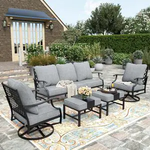 HERA'S HOUSE 5 Piece Patio Furniture Set, 2 x Swivel Chair, 2 x Ottoman, 1 x 3-Seat Sofa, All Cushioned 7 Seats Outdoor Conversation Set for Lawn Garden Backyard, Grey HERA'S HOUSE 5 Piece Patio Furniture Set, 2 x Swivel Chair, 2 x Ottoman, 1 x 3-Seat Sofa, All Cushioned 7 Seats Outdoor Conversation Set for Lawn Garden Backyard, Grey