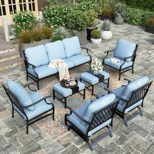 HERA'S HOUSE 7 Piece Patio Furniture Set, 2 x Rocking Chair, 2 x Fixed Chair, 2 x Ottoman, 1 x 3-Seat Sofa, All Cushioned 9 Seats Outdoor Conversation Set for Lawn Garden Backyard, Blue HERA'S HOUSE 7 Piece Patio Furniture Set, 2 x Rocking Chair, 2 x Fixed Chair, 2 x Ottoman, 1 x 3-Seat Sofa, All Cushioned 9 Seats Outdoor Conversation Set for Lawn Garden Backyard, Blue