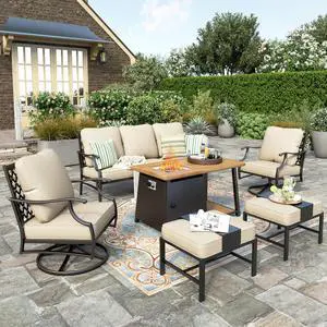 HERA'S HOUSE 6 PCS Patio Furniture Set with Fire Pit Table, 2 x Ottoman | 6 PCS Set Size, Swivel Chairs + Ottoman + Wood Like Table Color, Modern Style HERA'S HOUSE 6 PCS Patio Furniture Set with Fire Pit Table, 2 x Ottoman | 6 PCS Set Size, Swivel Chairs + Ottoman + Wood Like Table Color, Modern Style