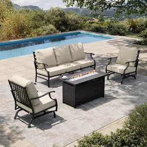 HERA'S HOUSE 4 Pieces Patio Furniture Set with Fire Pit Table, 2 x Rocking Chair, 3-Seat Sofa with 45" Fire Pit Table, Outdoor Conversation Set for Garden, Poolside, Backyard HERA'S HOUSE 4 Pieces Patio Furniture Set with Fire Pit Table, 2 x Rocking Chair, 3-Seat Sofa with 45" Fire Pit Table, Outdoor Conversation Set for Garden, Poolside, Backyard