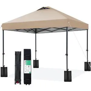 JEAREY 10x10 Pop Up Canopy Tent, Easy Up Outdoor Market Canopy, Beige | Center Lock, 1-push setup, silver-coated top, wheeled bag, 4 sandbags, 8 stakes for beach, markets, camping, sports events JEAREY 10x10 Pop Up Canopy Tent, Easy Up Outdoor Market Canopy, Beige | Center Lock, 1-push setup, silver-coated top, wheeled bag, 4 sandbags, 8 stakes for beach, markets, camping, sports events