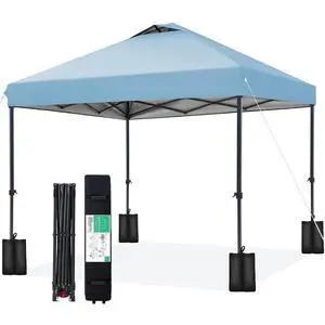 JEAREY 10x10 Pop Up Canopy Tent, Easy Up Outdoor Market Canopy, Light Blue | Center Lock, 1-push setup, silver-coated top, wheeled bag, 4 sandbags, 8 stakes for beach, markets, camping, sports events JEAREY 10x10 Pop Up Canopy Tent, Easy Up Outdoor Market Canopy, Light Blue | Center Lock, 1-push setup, silver-coated top, wheeled bag, 4 sandbags, 8 stakes for beach, markets, camping, sports events