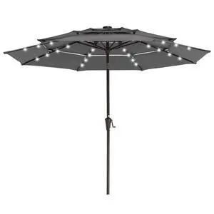 JEAREY 9 ft 3-Tier Outdoor LED Lighted Patio Umbrella w/Crank, Gray | Solar Market Table Umbrella with 8 Sturdy Ribs, UV Protection Waterproof Sunproof for Garden, Deck and Backyard JEAREY 9 ft 3-Tier Outdoor LED Lighted Patio Umbrella w/Crank, Gray | Solar Market Table Umbrella with 8 Sturdy Ribs, UV Protection Waterproof Sunproof for Garden, Deck and Backyard
