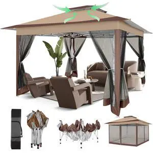 12x12 Pop Up Gazebo On Clearance Canopy Tent- Upgrade Metal Outdoor Canopy Waterproof - Portable Gazebo with Mosquito Nettings, 4 Ropes 8 Stakes and Carry Bag for Patio Garden(Coffee) 12x12 Pop Up Gazebo On Clearance Canopy Tent- Upgrade Metal Outdoor Canopy Waterproof - Portable Gazebo with Mosquito Nettings, 4 Ropes 8 Stakes and Carry Bag for Patio Garden(Coffee)