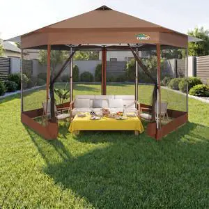 16x16FT Pop Up Gazebo on Clearance with Mosquito Netting, Brown 16x16FT Pop Up Gazebo on Clearance with Mosquito Netting, Brown