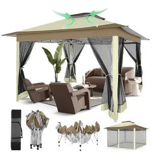 12x12 Pop Up Canopy Portable Gazebo with Mosquito Nettings Upgrade Easy Up Metal Outdoor Gazebo Waterproof, 4 Ropes 8 Stakes and Carry Bag for Patio Garden(Khaki) 12x12 Pop Up Canopy Portable Gazebo with Mosquito Nettings Upgrade Easy Up Metal Outdoor Gazebo Waterproof, 4 Ropes 8 Stakes and Carry Bag for Patio Garden(Khaki)