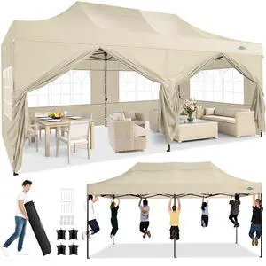 10x20 Heavy Duty Pop Up Canopy Tent with 6 Sidewalls Thicken Frame, Commercial Easy Up Outdoor Wedding Party Tents, All Season Waterproof Windproof with Stakes Sandbags Ropes Roller Bag, Khaki 10x20 Heavy Duty Pop Up Canopy Tent with 6 Sidewalls Thicken Frame, Commercial Easy Up Outdoor Wedding Party Tents, All Season Waterproof Windproof with Stakes Sandbags Ropes Roller Bag, Khaki