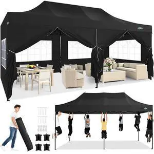 10x20 Heavy Duty Pop Up Canopy Tent with 6 Sidewalls Thicken Frame, Commercial Easy Up Outdoor Wedding Party Tents, All Season Waterproof Windproof with Stakes Sandbags Ropes Roller Bag, Black 10x20 Heavy Duty Pop Up Canopy Tent with 6 Sidewalls Thicken Frame, Commercial Easy Up Outdoor Wedding Party Tents, All Season Waterproof Windproof with Stakes Sandbags Ropes Roller Bag, Black