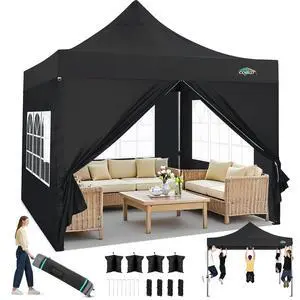 10x10 Heavy Duty Pop Up Canopy Tent with 4 Sidewalls Thicken Frame, Commercial Easy Up Outdoor Wedding Party Tents, All Season Waterproof Windproof with Stakes Sandbags Ropes Roller Bag, Black 10x10 Heavy Duty Pop Up Canopy Tent with 4 Sidewalls Thicken Frame, Commercial Easy Up Outdoor Wedding Party Tents, All Season Waterproof Windproof with Stakes Sandbags Ropes Roller Bag, Black
