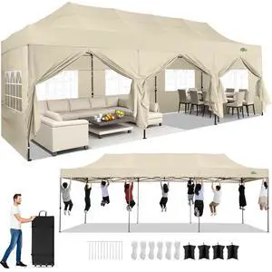10x30 Heavy Duty Pop Up Canopy Tent with 8 Sidewalls Thicken Frame, Commercial Easy Up Outdoor Wedding Party Tents, All Season Waterproof Windproof with Stakes Sandbags Ropes Roller Bag, Khaki 10x30 Heavy Duty Pop Up Canopy Tent with 8 Sidewalls Thicken Frame, Commercial Easy Up Outdoor Wedding Party Tents, All Season Waterproof Windproof with Stakes Sandbags Ropes Roller Bag, Khaki