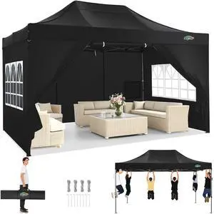 10x15 Heavy Duty Pop Up Canopy Tent with 4 Sidewalls Thicken Frame, Commercial Easy Up Outdoor Wedding Party Tents, All Season Waterproof Windproof with Stakes Sandbags Ropes Bag, Black 10x15 Heavy Duty Pop Up Canopy Tent with 4 Sidewalls Thicken Frame, Commercial Easy Up Outdoor Wedding Party Tents, All Season Waterproof Windproof with Stakes Sandbags Ropes Bag, Black