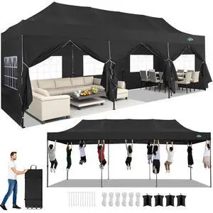 10x30 Heavy Duty Pop Up Canopy Tent with 8 Sidewalls Thicken Frame, Commercial Easy Up Outdoor Wedding Party Tents, All Season Waterproof Windproof with Stakes Sandbags Ropes Roller Bag, Black 10x30 Heavy Duty Pop Up Canopy Tent with 8 Sidewalls Thicken Frame, Commercial Easy Up Outdoor Wedding Party Tents, All Season Waterproof Windproof with Stakes Sandbags Ropes Roller Bag, Black