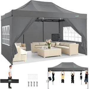10x15 Heavy Duty Pop Up Canopy Tent with 4 Sidewalls Thicken Frame, Commercial Easy Up Outdoor Wedding Party Tents, All Season Waterproof Windproof with Stakes Sandbags Ropes Bag, Gray 10x15 Heavy Duty Pop Up Canopy Tent with 4 Sidewalls Thicken Frame, Commercial Easy Up Outdoor Wedding Party Tents, All Season Waterproof Windproof with Stakes Sandbags Ropes Bag, Gray