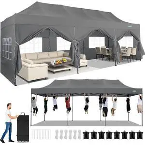 10x30 Heavy Duty Pop Up Canopy Tent with 8 Sidewalls Thicken Frame, Commercial Easy Up Outdoor Wedding Party Tents, All Season Waterproof Windproof with Stakes Sandbags Ropes Roller Bag, Ash 10x30 Heavy Duty Pop Up Canopy Tent with 8 Sidewalls Thicken Frame, Commercial Easy Up Outdoor Wedding Party Tents, All Season Waterproof Windproof with Stakes Sandbags Ropes Roller Bag, Ash