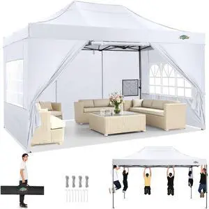 10x15 Heavy Duty Pop Up Canopy Tent with 4 Sidewalls Thicken Frame, Commercial Easy Up Outdoor Wedding Party Tents, All Season Waterproof Windproof with Stakes Sandbags Ropes Bag, White 10x15 Heavy Duty Pop Up Canopy Tent with 4 Sidewalls Thicken Frame, Commercial Easy Up Outdoor Wedding Party Tents, All Season Waterproof Windproof with Stakes Sandbags Ropes Bag, White