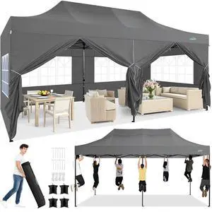 10x20 Heavy Duty Pop Up Canopy Tent with 6 Sidewalls Thicken Frame, Commercial Easy Up Outdoor Wedding Party Tents, All Season Waterproof Windproof with Stakes Sandbags Ropes Roller Bag, Gray 10x20 Heavy Duty Pop Up Canopy Tent with 6 Sidewalls Thicken Frame, Commercial Easy Up Outdoor Wedding Party Tents, All Season Waterproof Windproof with Stakes Sandbags Ropes Roller Bag, Gray