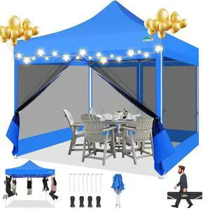 10x10 Canopy Tent with 4 Sidewalls,Heavy Duty Pop up Canopy with Mosquito Netting,Easy up Screen Tent for Parties Wedding Outdoor Camping with Handbag,Blue 10x10 Canopy Tent with 4 Sidewalls,Heavy Duty Pop up Canopy with Mosquito Netting,Easy up Screen Tent for Parties Wedding Outdoor Camping with Handbag,Blue