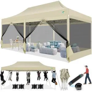 10x20 Canopy Tent with 6 Sidewalls,Heavy Duty Pop up Canopy with Mosquito Netting,Easy up Screen Tent for Parties Wedding Outdoor Patio with Roller Bag,Khaki 10x20 Canopy Tent with 6 Sidewalls,Heavy Duty Pop up Canopy with Mosquito Netting,Easy up Screen Tent for Parties Wedding Outdoor Patio with Roller Bag,Khaki