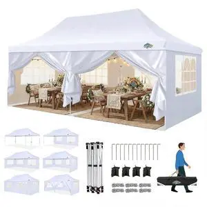 10x20 Pop Up Canopy with 6 Sidewalls - Waterproof Commercial Tent, UV 50+ Protection, Easy Setup Outdoor Gazebo for Parties, Events & Garden with Sandbags, Swan White 10x20 Pop Up Canopy with 6 Sidewalls - Waterproof Commercial Tent, UV 50+ Protection, Easy Setup Outdoor Gazebo for Parties, Events & Garden with Sandbags, Swan White